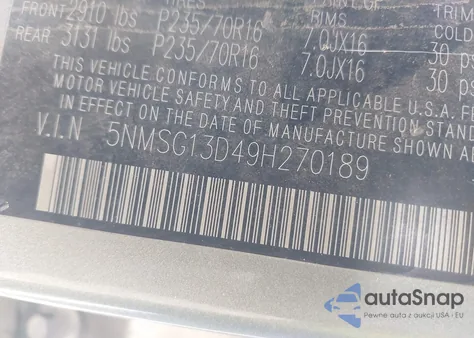 2009 Hyundai Santa Fe Gls z USA, uszkodzony, nr VIN 5NMSG13D49H270189